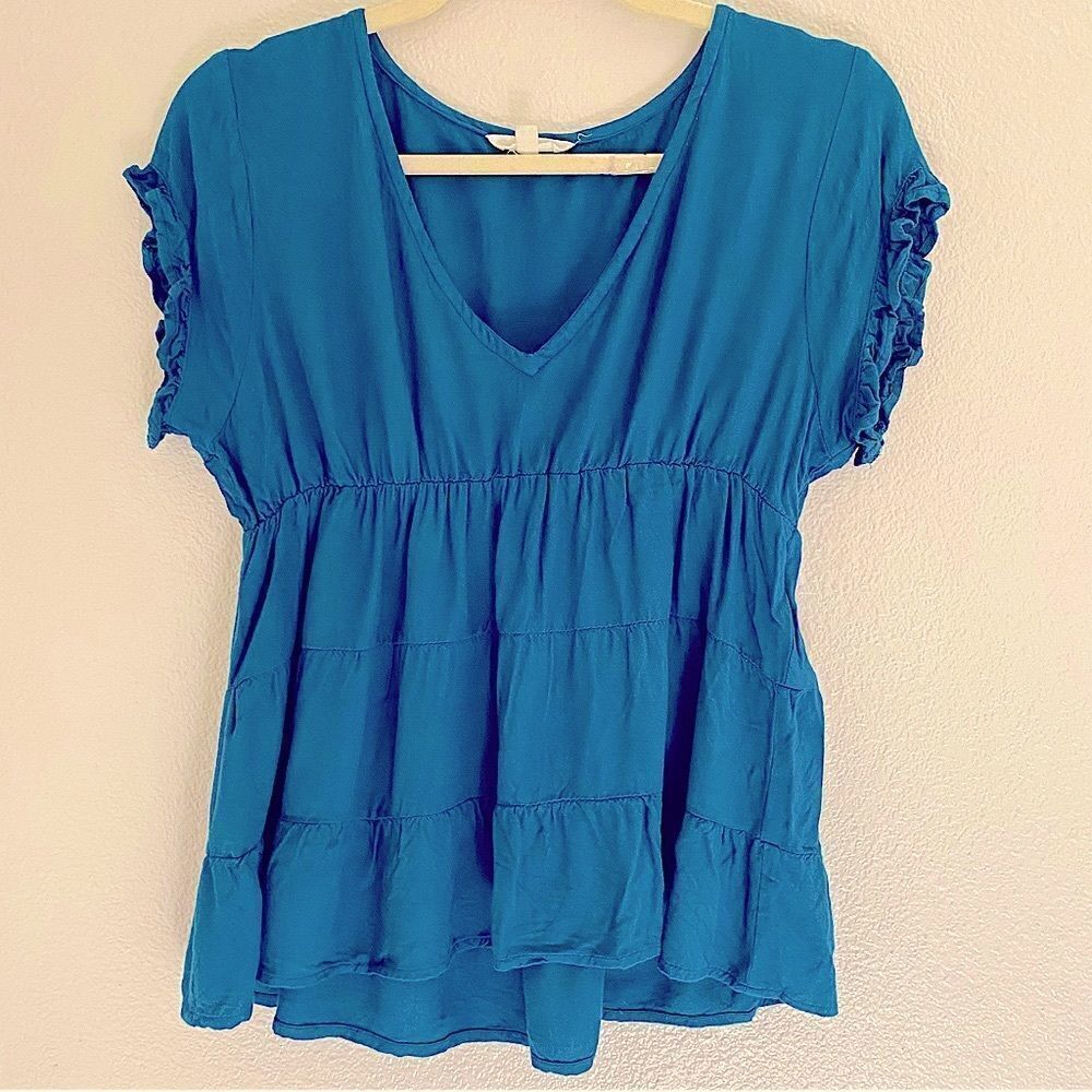 Anthropologie Sim & Sam teal aqua blue v neck coastal beach blouse flounce top L